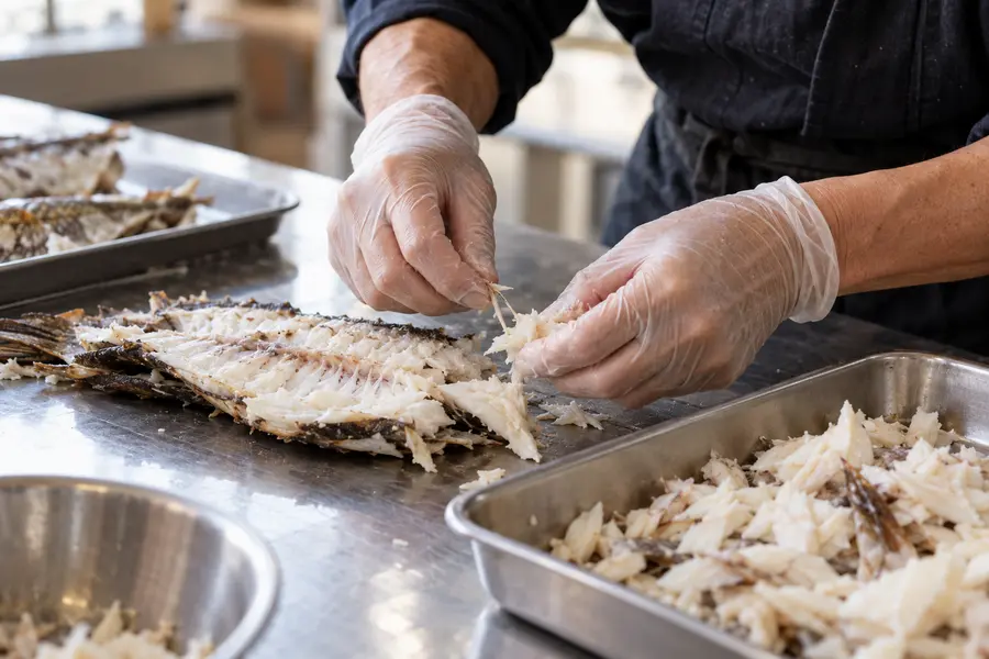 魚の身を手でほぐす様子