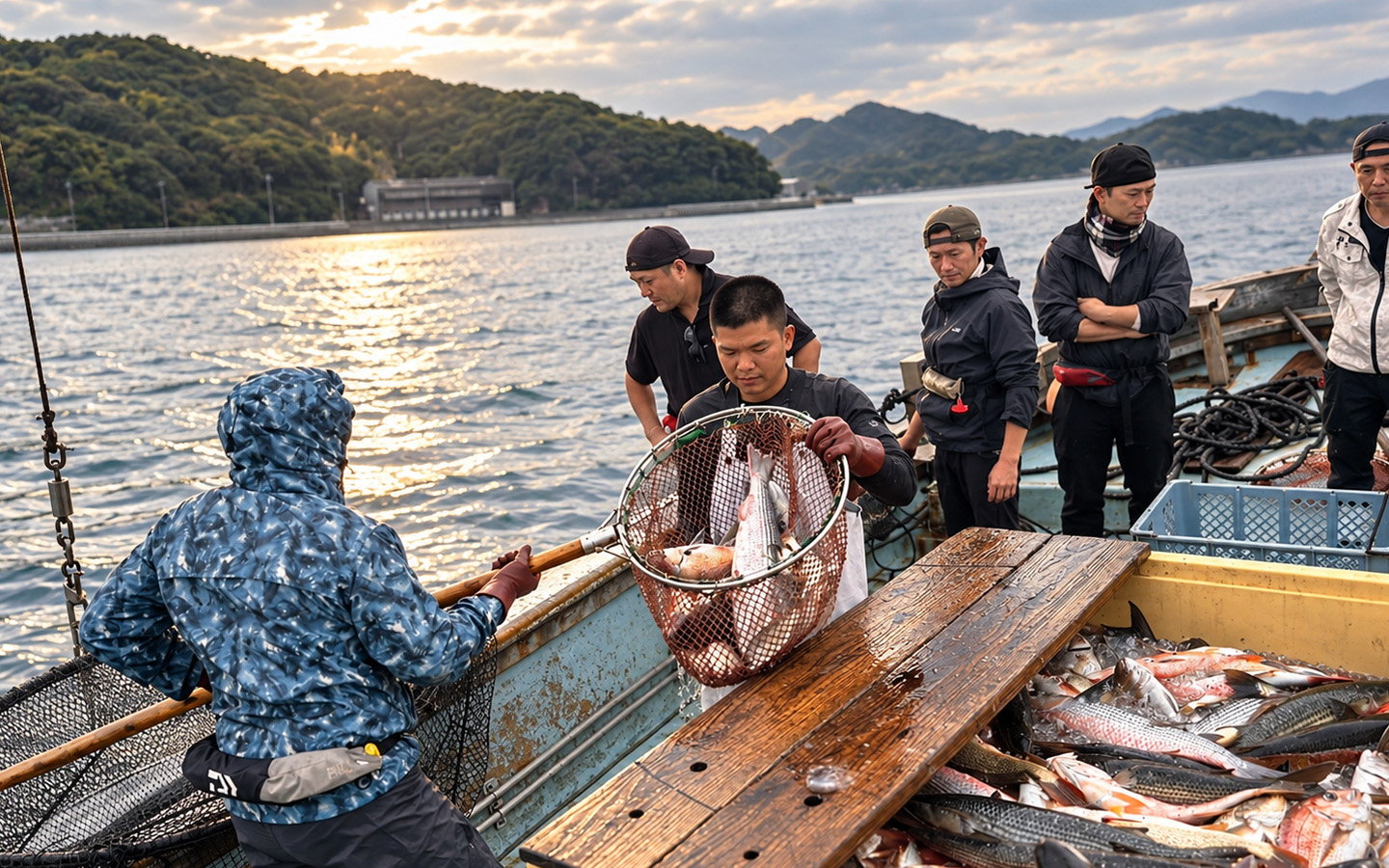 漁船で魚を水揚げする様子