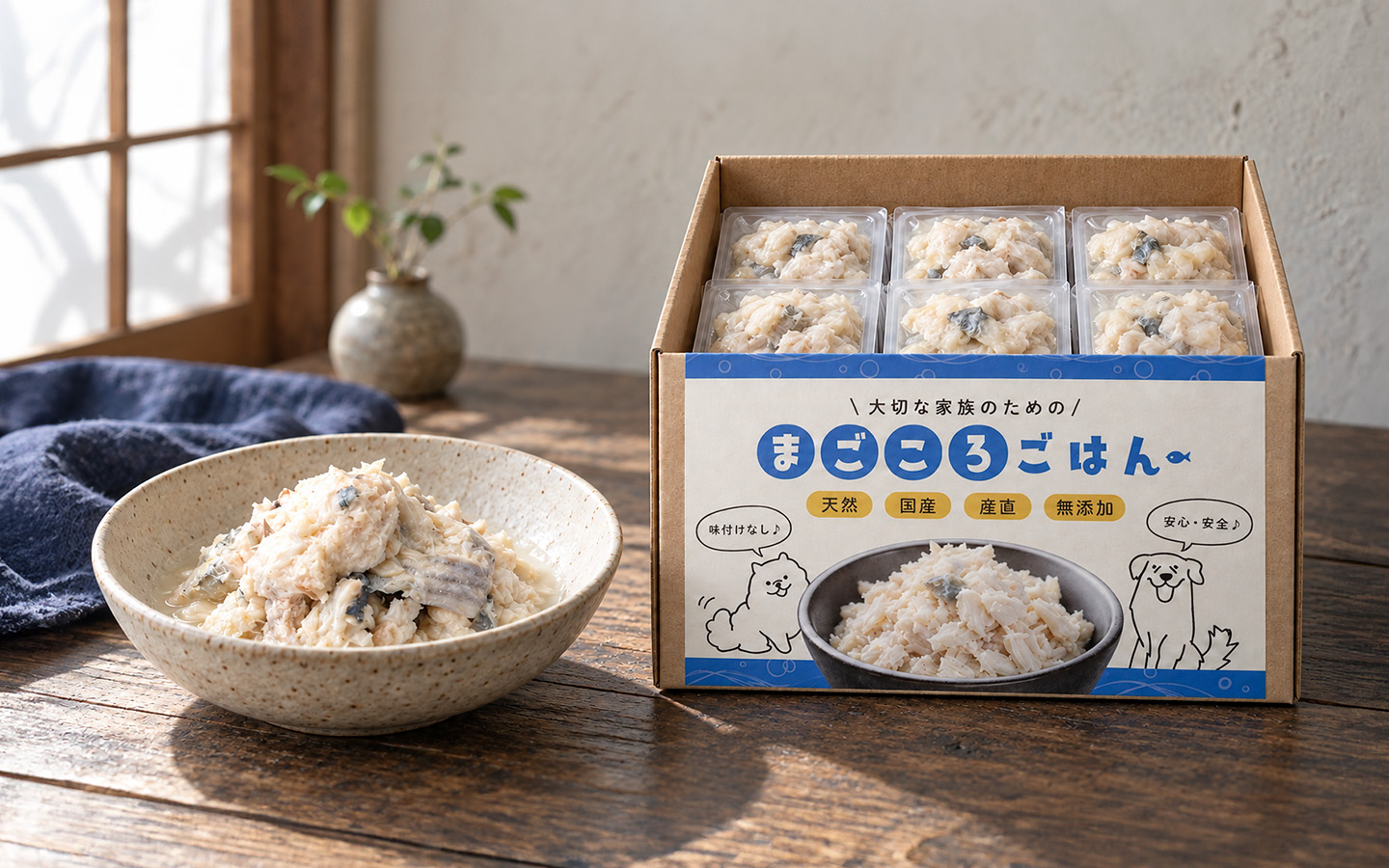 器に盛った魚のごはんと商品