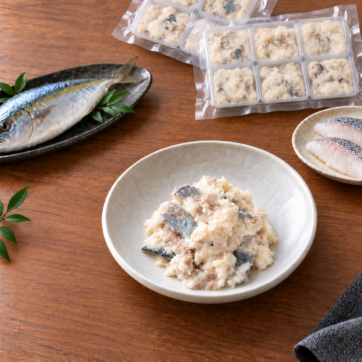 木のテーブルに並べた魚のごはんと小分けパック