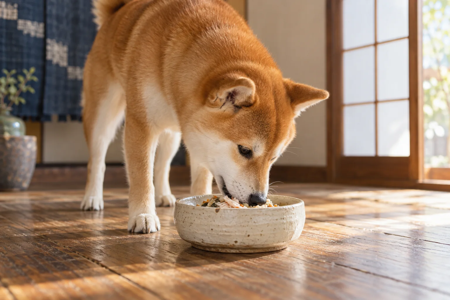 和室でごはんを食べるワンちゃん