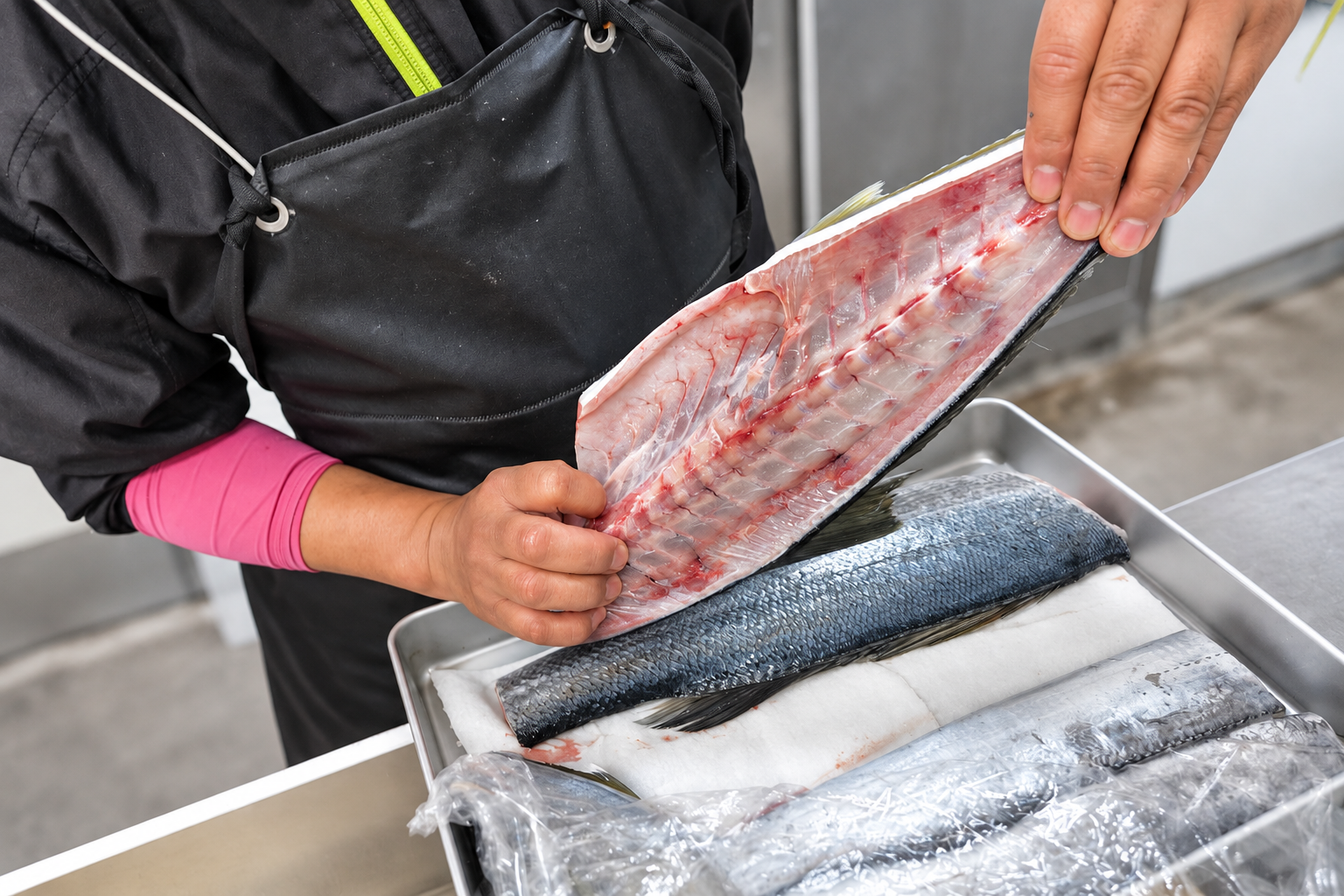 身をおろした魚の中骨を手に持つ様子