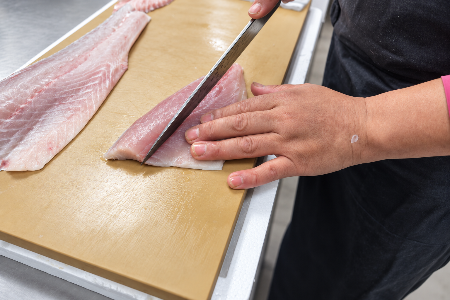包丁で魚の骨の付いた部分を取り除く手元