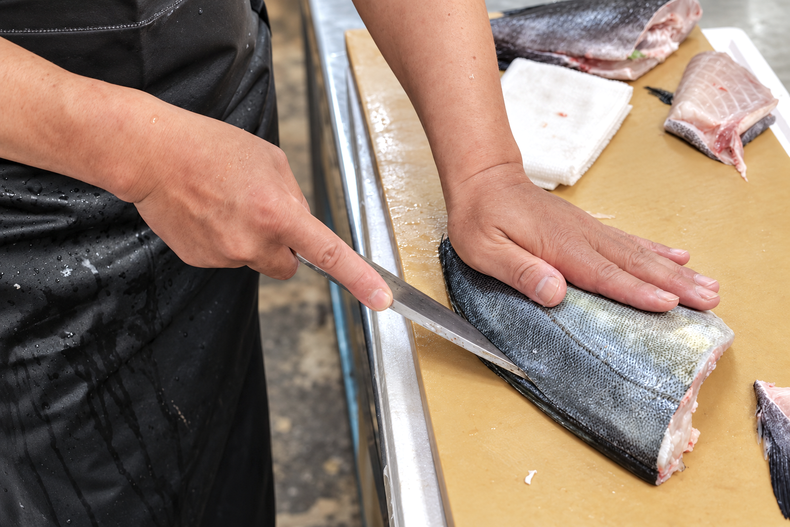 魚屋が包丁で魚を下処理する手元